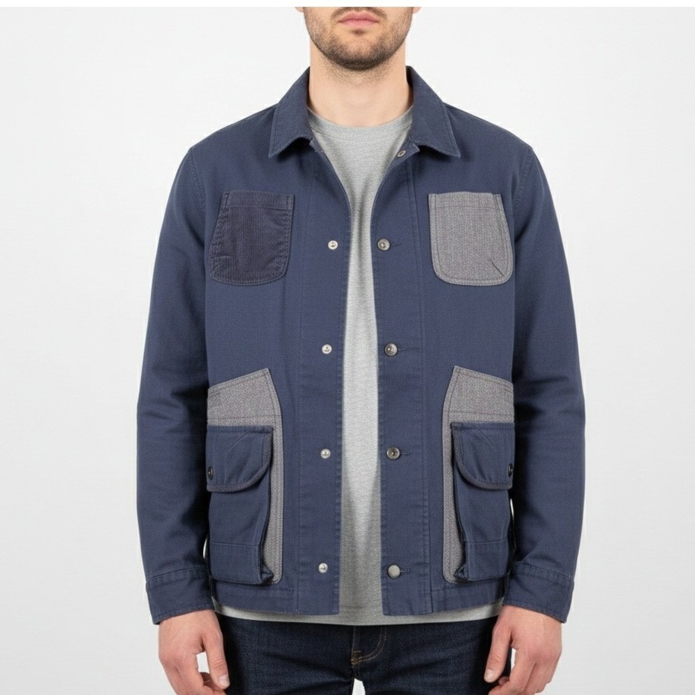 Sun + Stone Men Medium Navy Blue Patchwork Chore Jacket Utility Coat Herringbone